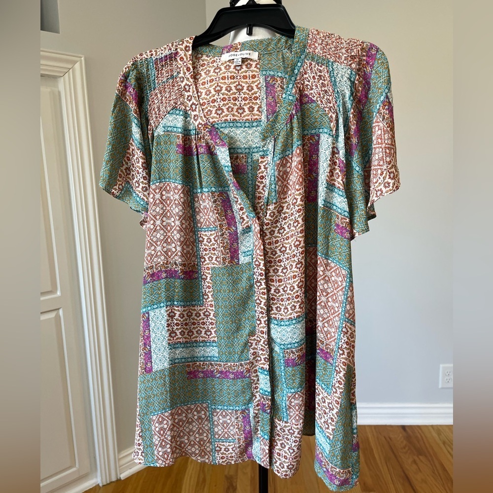 Rose & Olive women's plus size 2X floral patchwork flowy work office button top